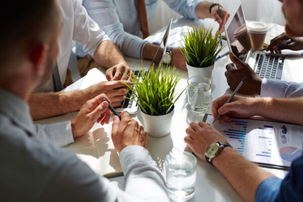 Business people at a desk with computers and plants